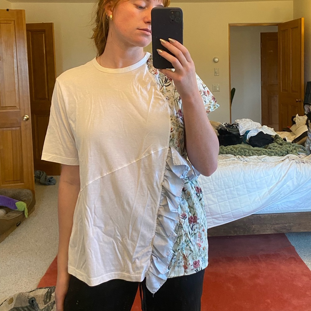 Clu Floral Patterned Panel White Tee Shirt Top